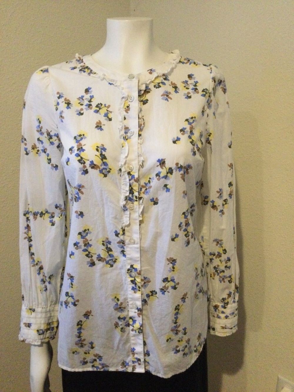 Talbots White Button-Front Blouse with Blue & Yellow Floral Print